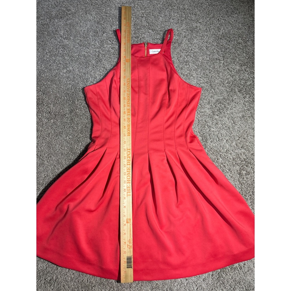 Calvin Klein Red Halter Fit and Flare Pleated Skater Dress Size 2 Gold Zipper - Picture 6 of 9